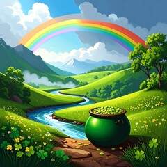 Green landscape with pot of gold under rainbow