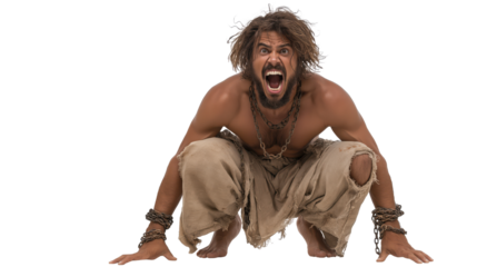 Demon-possessed man full body on transparent background, barefoot wild-haired biblical figure in torn clothes with broken chains, isolated New Testament PNG.