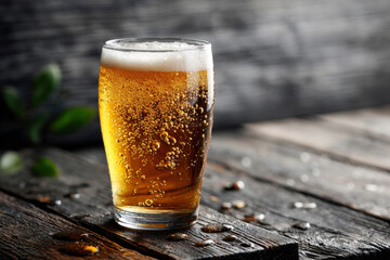Beer Glass with White Foam Head and Active Carbonation on Weathered Wood Copy Space