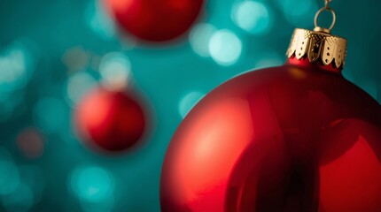 Close up of red Christmas bauble with golden cap on turquoise bokeh background, festive holiday ornament decoration, elegant seasonal design for winter celebration and greeting cards