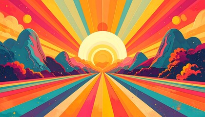 Colorful, vibrant landscape with a sunburst effect