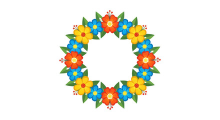 Vibrant Floral Wreath with Blue Orange and Yellow Flowers.