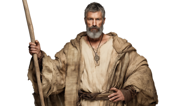 Simon Peter full body on transparent background, apostle of Jesus Christ wearing ancient robe, New Testament biblical disciple isolated PNG figure.