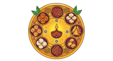 Festive Indian Thali Platter with Assorted Sweets and Snacks.