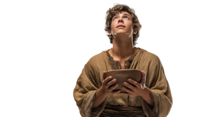 Simon the healed man full body on transparent background, biblical figure with restored skin looking upward in gratitude, isolated New Testament character PNG.