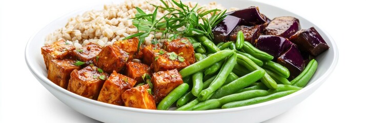 Healthy bowl of brown rice with grilled tofu, green beans, and roasted eggplant served on a white plate in a bright setting