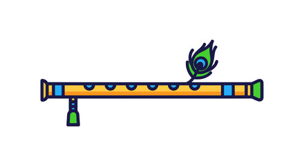 Colorful Flute with Peacock Feather Traditional Indian Musical Instrument.