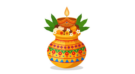 Decorated Kalash Pot with Lit Diya and Green Leaves.