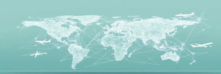Global air travel network represented through a detailed map highlighting flight paths and airplane symbols across different countries