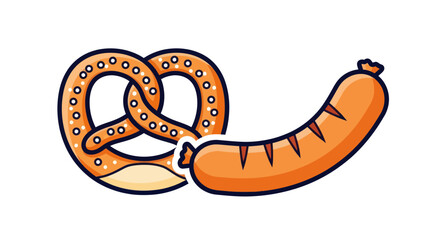 Cartoon Pretzel and Sausage Pair for German Food Illustration.