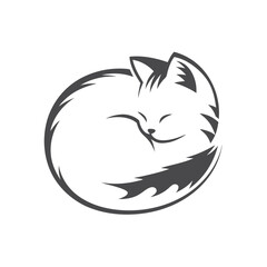 Curled up fox sleeps soundly in simple gray tones against a white background