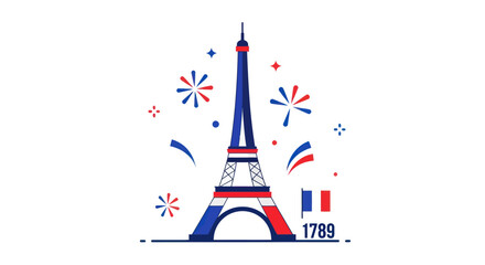 Iconic Eiffel Tower with French Tricolor and Festive Fireworks.