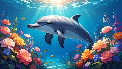 Fototapeta premium Dolphin amidst a vibrant underwater floral wonderland
