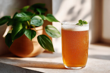 Kombucha Drink with Mint Garnish on Sunny Kitchen Counter Beside Potted Plant