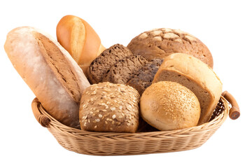 Assorted baked breads in basket isolated on a transparent background