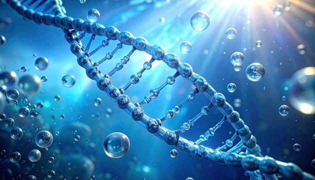 Blue DNA Strand with Bubbles and Bright Light, Science Concept - Powered by Adobe