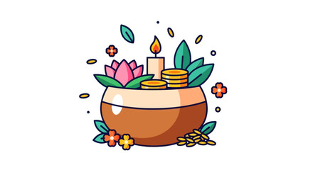Decorative Pot with Offerings and Prosperity Symbols.