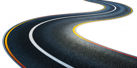 Asphalt road curves white and yellow lines isolated on a transparent background