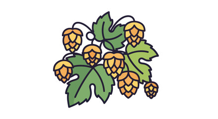 Colorful Illustrated Hop Cones and Green Leaves.