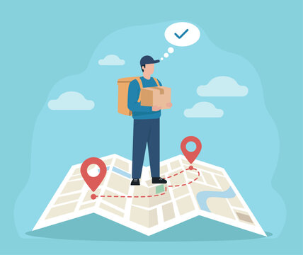 Flat vector of a courier on a stylized map, showing route planning, delivery success, and urban logistics with a playful, minimal vibe
