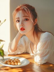 Young woman enjoying a snack in natural light at a cozy indoor setting during a bright afternoon