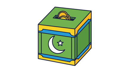 Green and Yellow Islamic Charity Box with Coins.