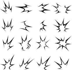 Set of  black comic explosion shapes with sharp edges, dynamic starburst style, and blank centers. Perfect for manga effects, pop art design, and motion graphics projects.