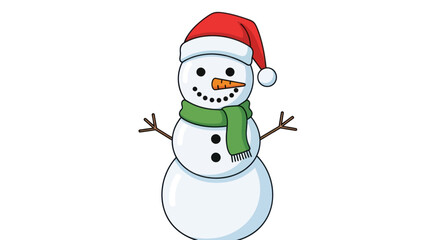 Cheerful cartoon snowman wearing a Santa hat and green scarf.
