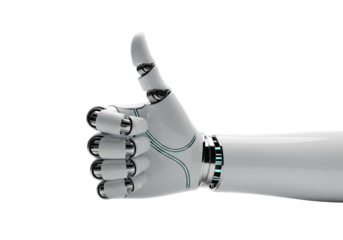 Robotic hand giving thumbs up gesture of approval isolated on transparent background