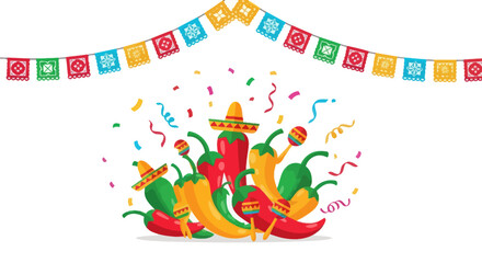 Festive Mexican Chili Peppers Wearing Sombreros with Maracas and Confetti.