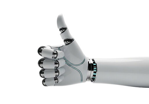 Robotic hand giving thumbs up gesture of approval isolated on transparent background