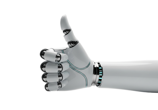 Robotic hand giving thumbs up gesture of approval isolated on transparent background - Powered by Adobe