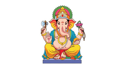 Colorful Illustration of Hindu God Ganesha in Sitting Pose.