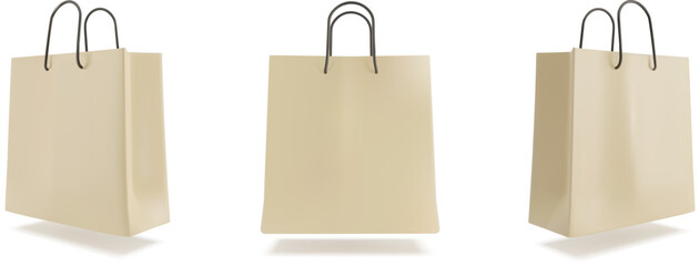 3D illustration of three beige paper shopping bags with black handles. Perfect for branding, packaging, retail.