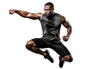 Powerful Muscular Black Man Jumping In Dynamic Martial Arts Pose Isolated On Transparent Background