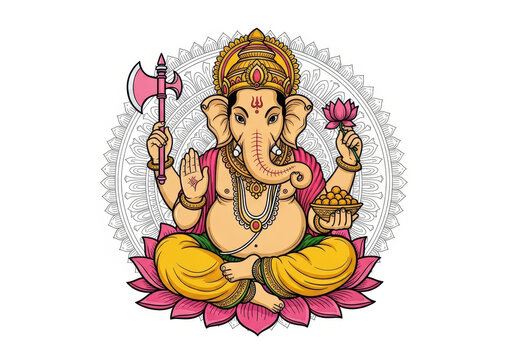 intricate illustration of lord ganesha seated on pink lotus, holding axe and flower, wisdom and prosperity. ganesh chaturthi celebration. iconography, spiritual artwork, cultural poster.