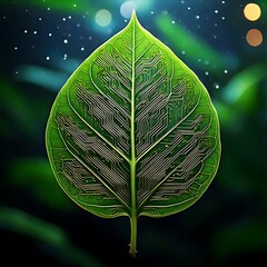 Green leaf with circuit board design