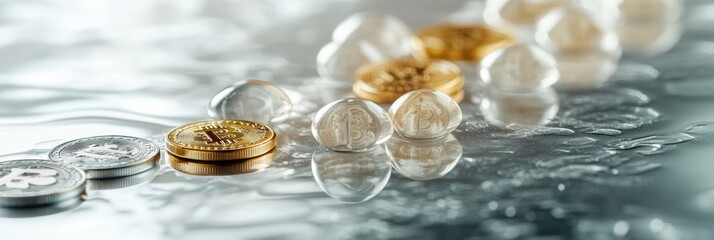 Exploring the rise of cryptocurrency coins on a reflective surface with different colors and textures
