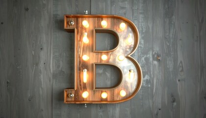 Wooden letter B with vintage light bulbs