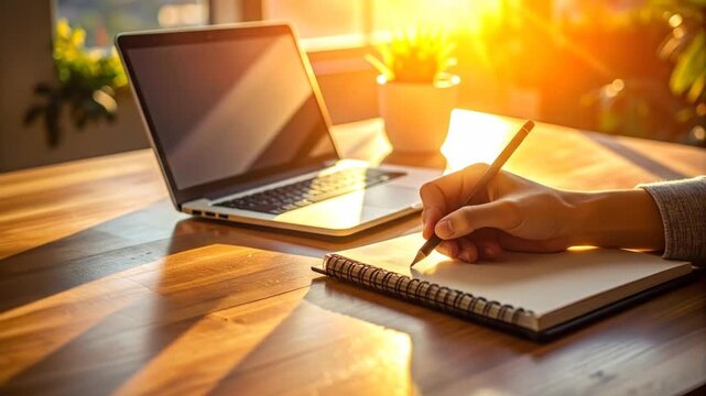 Person Working on Laptop and Notebook at Desk.