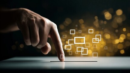 Selecting digital options with a fingertip, activating futuristic technology and data insights with glowing abstract elements