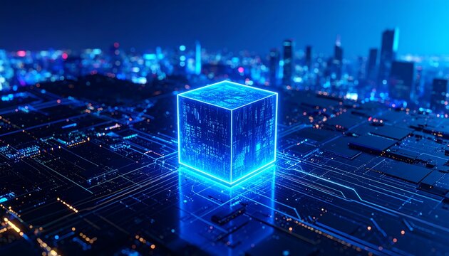 Futuristic cityscape with glowing digital cube
