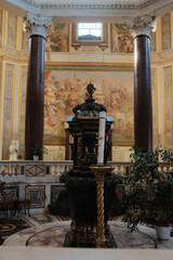 Archbasilica of Saint John Lateran interior Rome golden coffered ceiling marble columns statues ornate chapels baptistery and apse Catholic basilica Italy. High quality photo © Thao