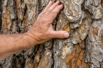 Hand touching rugged tree bark, close-up nature texture