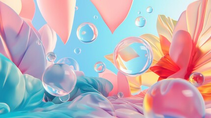 Pastel 3D petals and bubbles, dreamy abstract scene