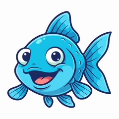 Cheerful Cartoon Blue Fish Swimming Happily with a Big Smile on its Face