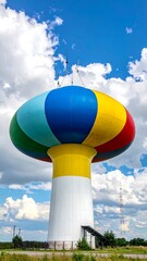 Colorful water tower under a partly cloudy sky