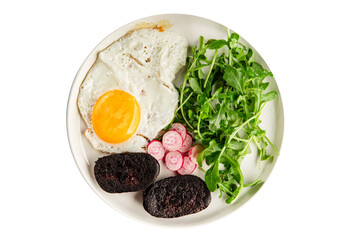 Eggs breakfast black pudding, egg, vegetables, arugula portion size natural product tasty snack fresh delicious gourmet food background on the table rustic top view copy space