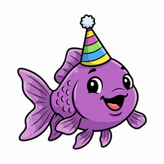 Whimsical Purple Fish with Party Hat Cartoon Illustration for Kids