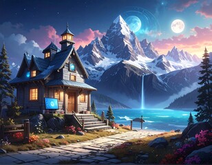 A charming, wooden cottage nestled beside a serene lake, bathed in the soft glow of a mountain sunset.